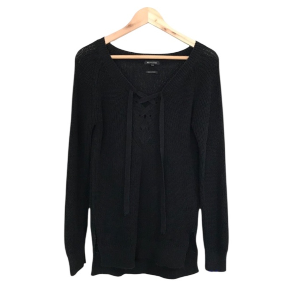 Massimo Dutti Lace Up Front Black Cotton Sweater - Size S